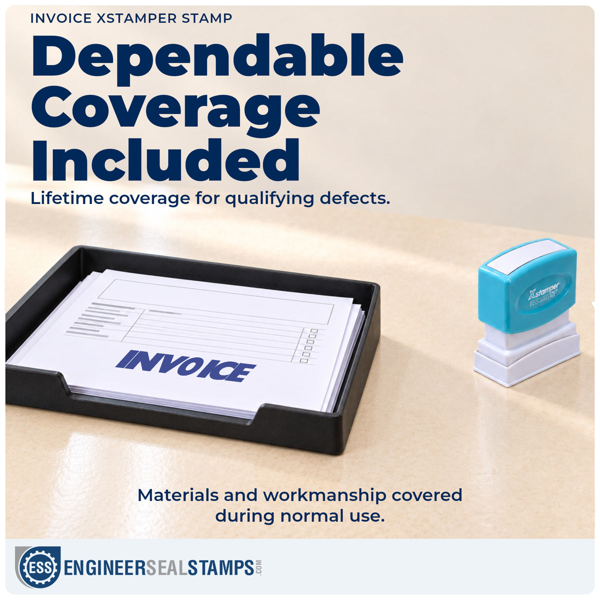 Lifetime guarantee coverage on the "Invoice" Xstamper pre-inked stamp