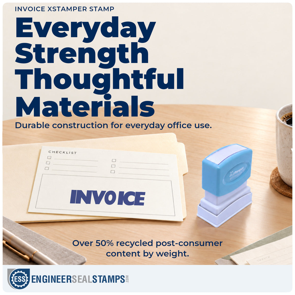 Features of the "Invoice" Xstamper No. 1053 pre-inked stamp