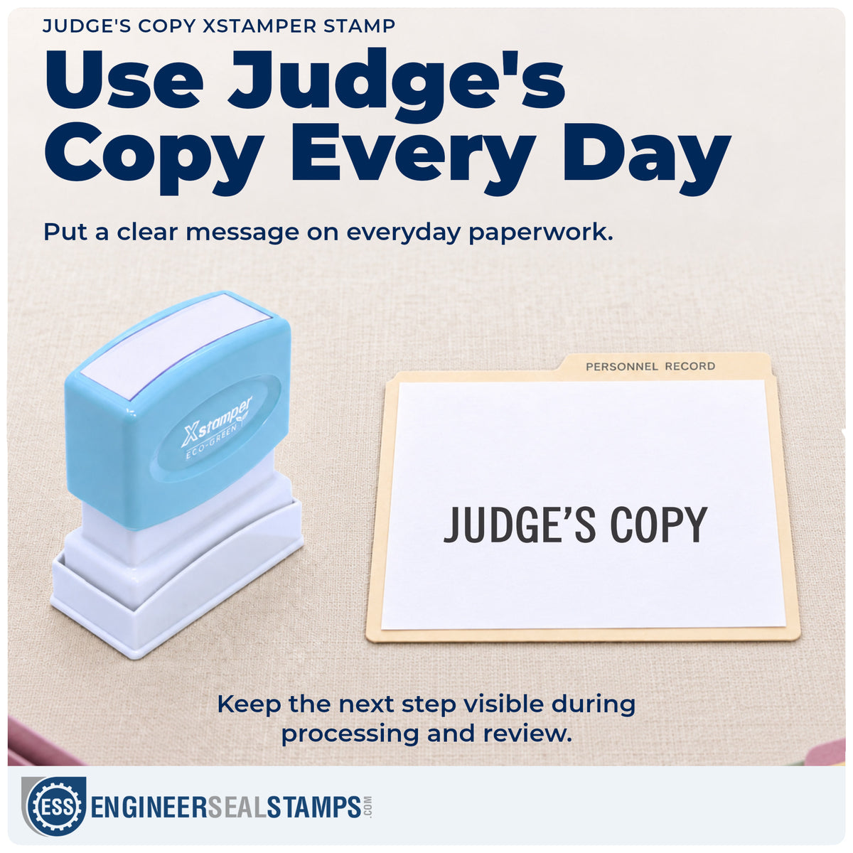 "Judge's copy" stamp being pressed onto a document during everyday filing