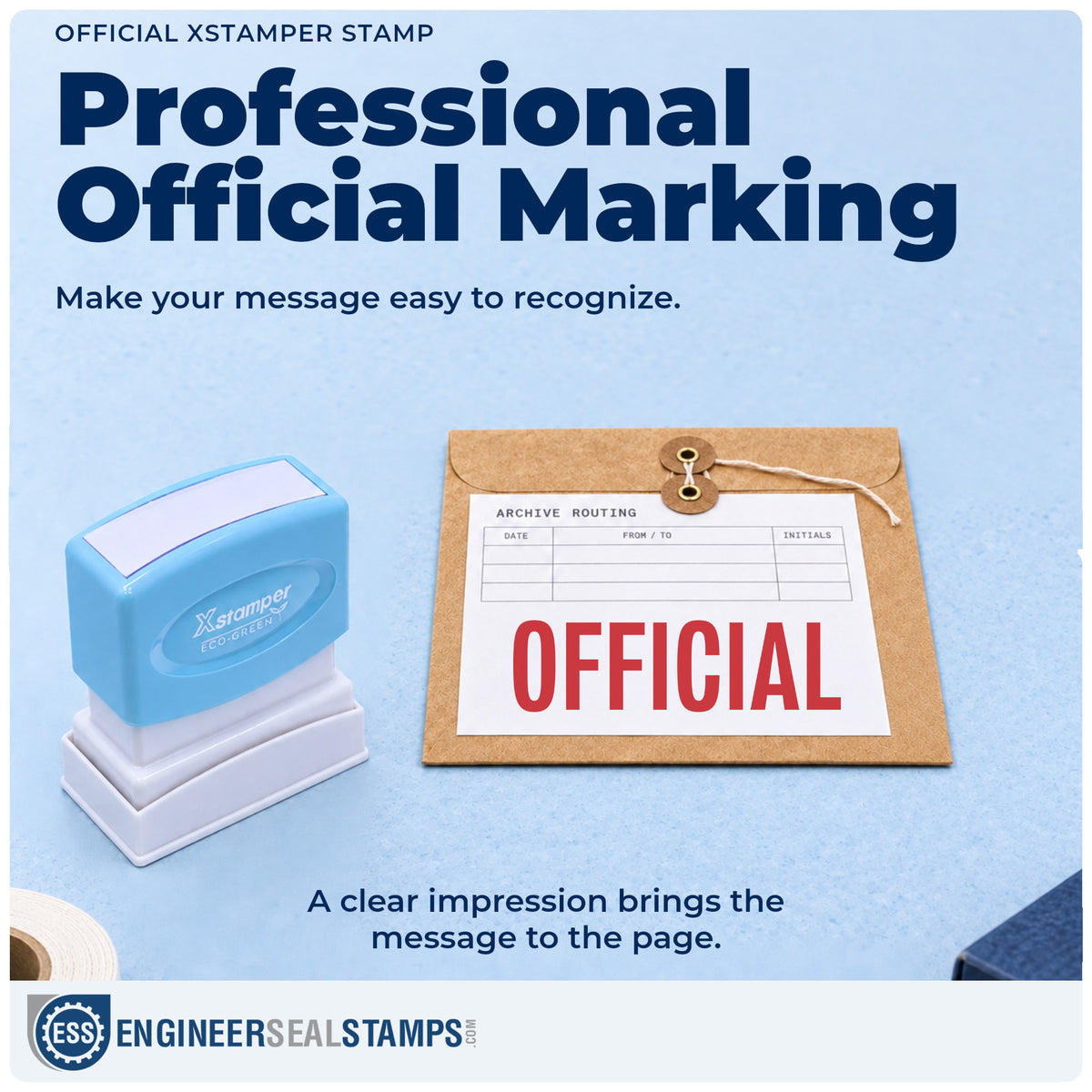 "Official" imprint on office paperwork beside the Official Document Stamp – Pre-Inked Xstamper