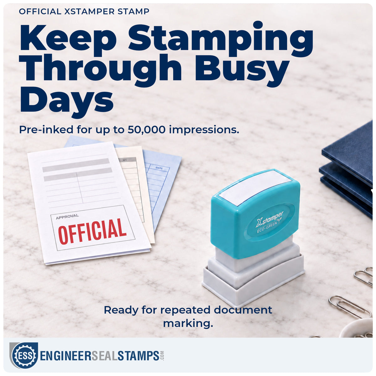 Re-inkable "Official" stamp built for thousands of repeat impressions