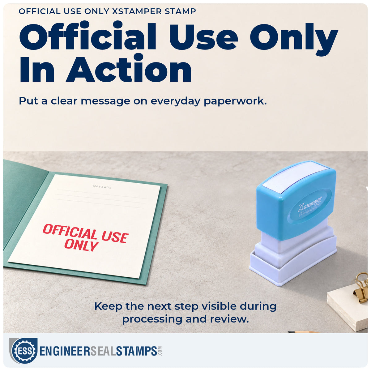 "Official use only" stamp being pressed onto a document during everyday filing