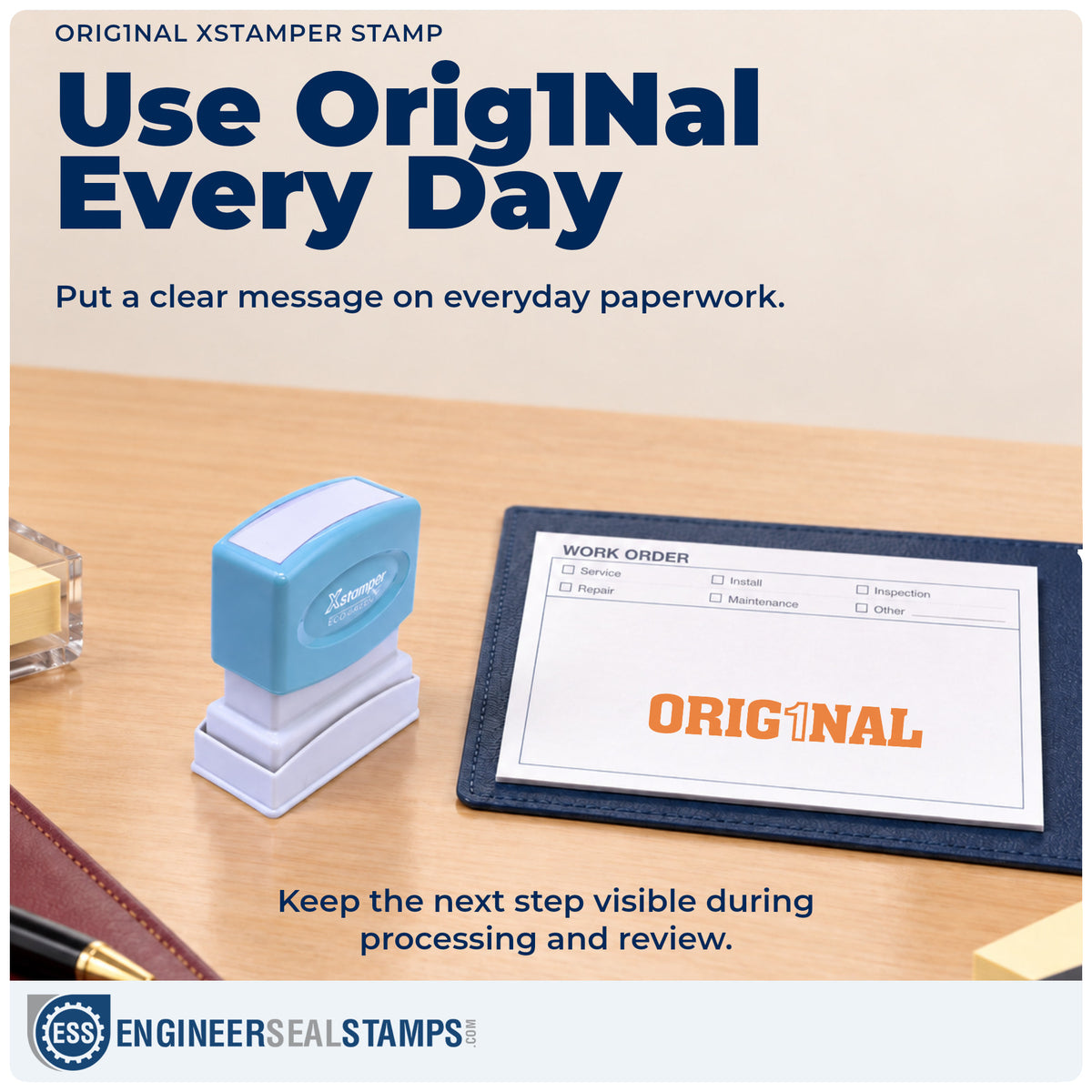 "Orig1Nal" stamp being pressed onto a document during everyday filing