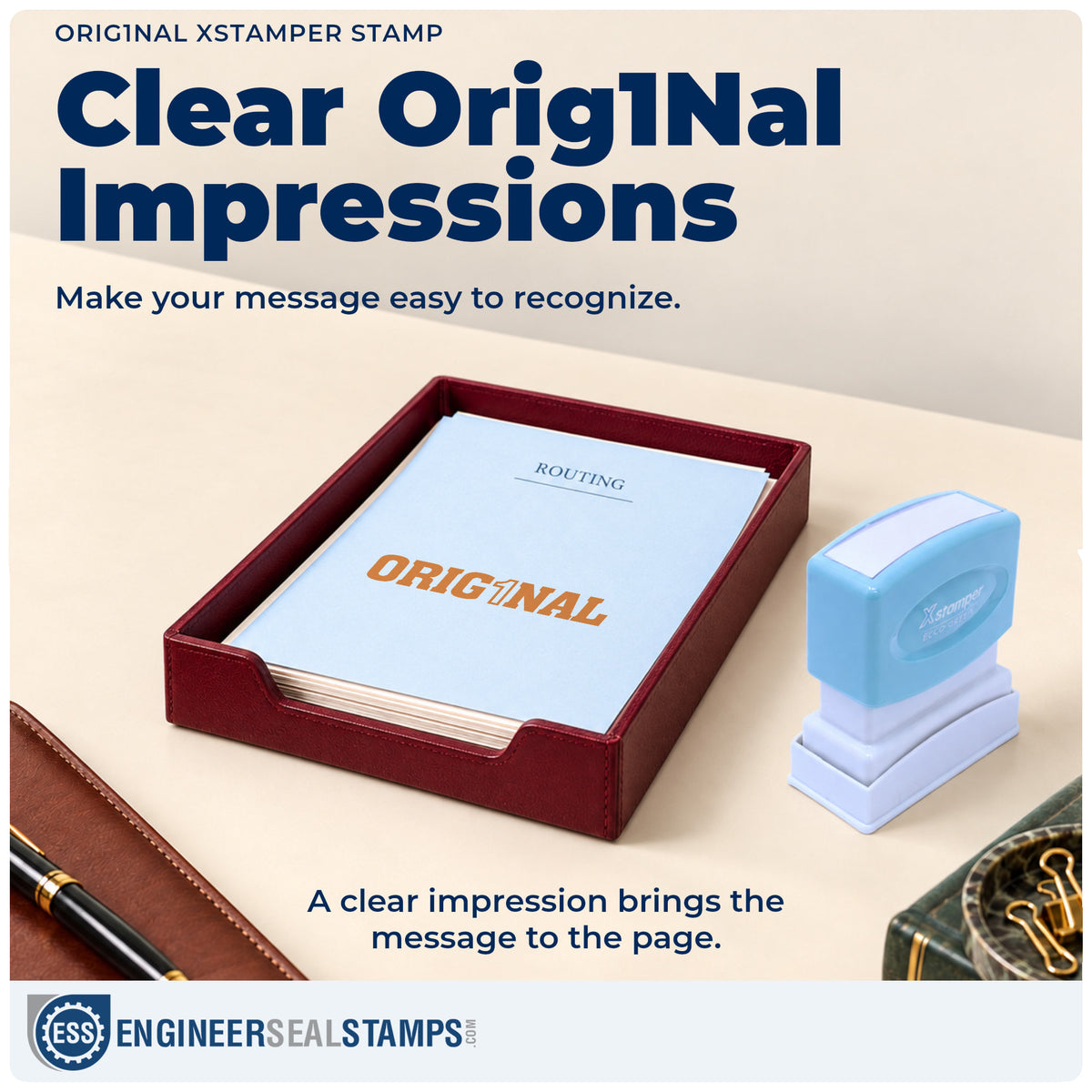 "Orig1Nal" imprint on office paperwork beside the Xstamper Orig1Nal Document Stamp – Pre-Inked
