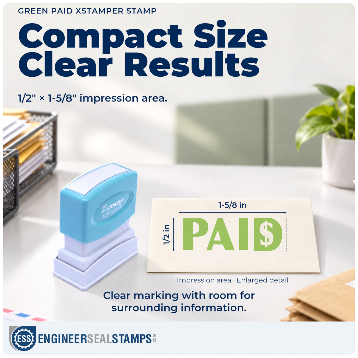 Impression size guide: the "Paid" imprint measures 1/2 x 1-5/8 in