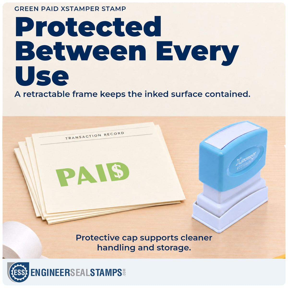 Features of the "Paid" Xstamper No. 1827 pre-inked stamp