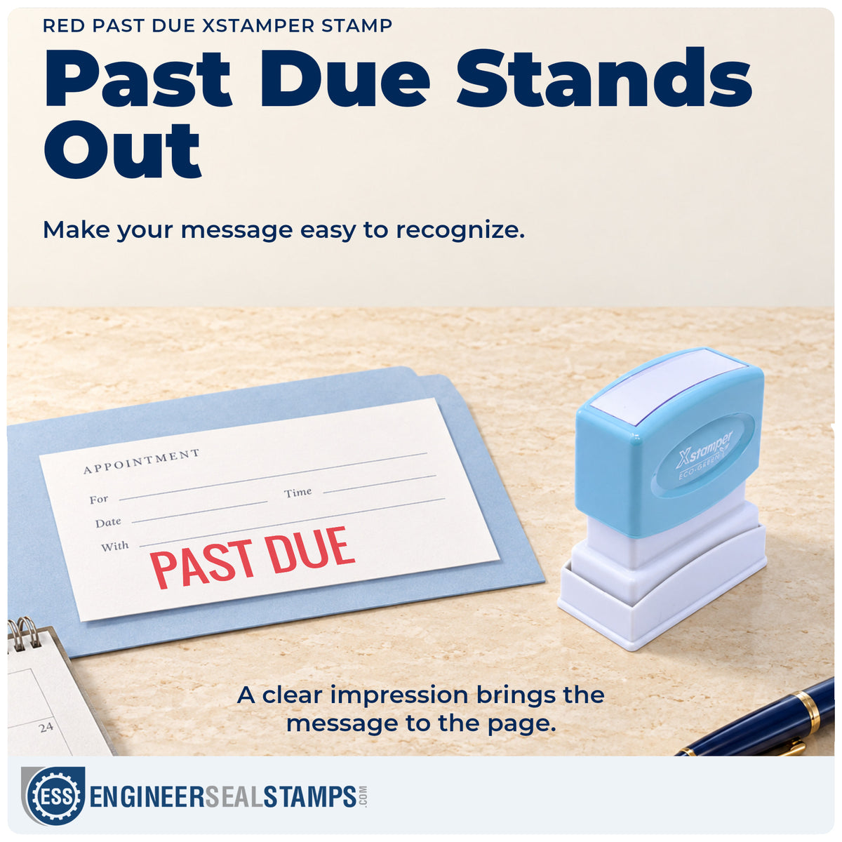 "Past due" imprint on office paperwork beside the Past Due Billing Stamp – Red Pre-Inked Xstamper