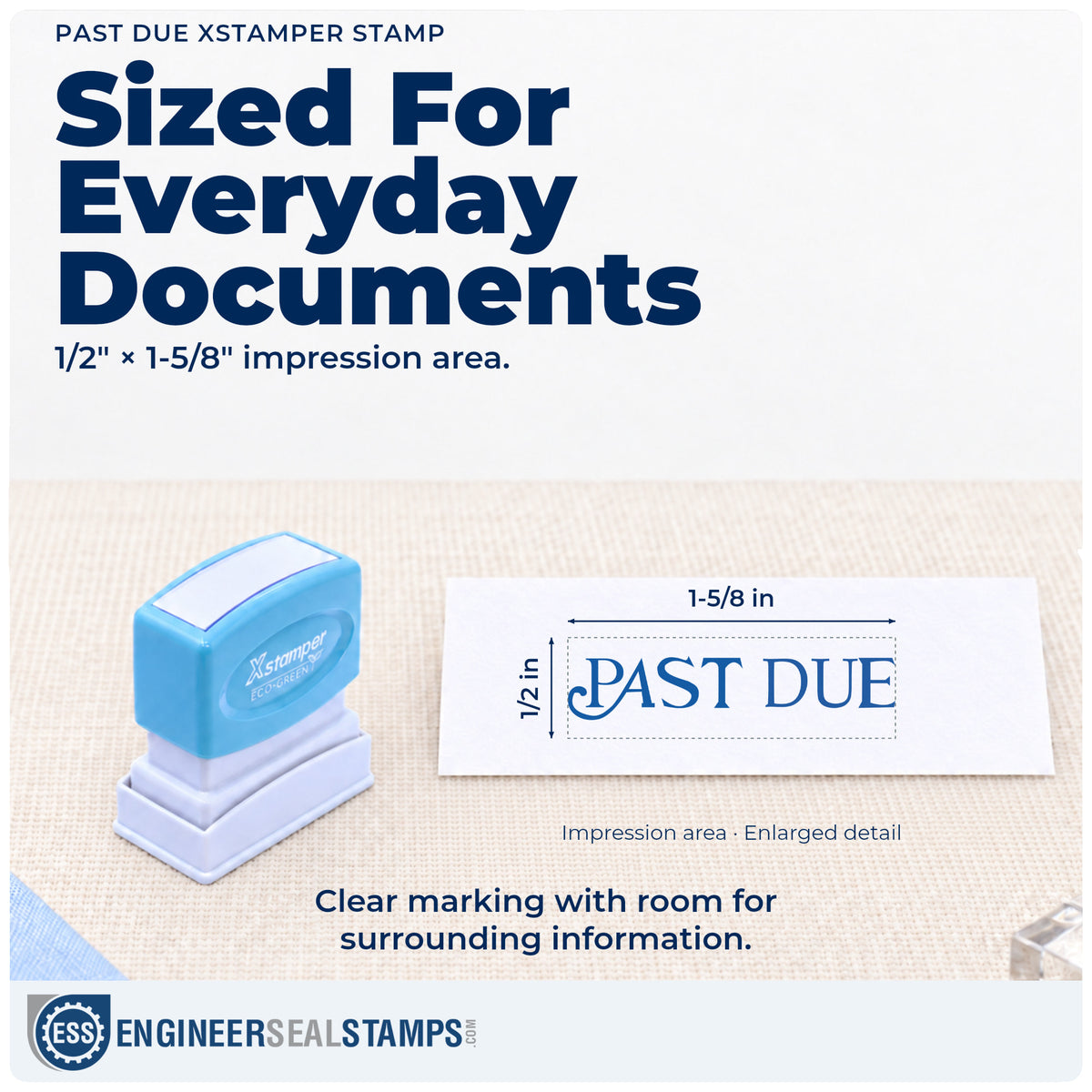 Impression size guide: the "Past due" imprint measures 1/2 x 1-5/8 in