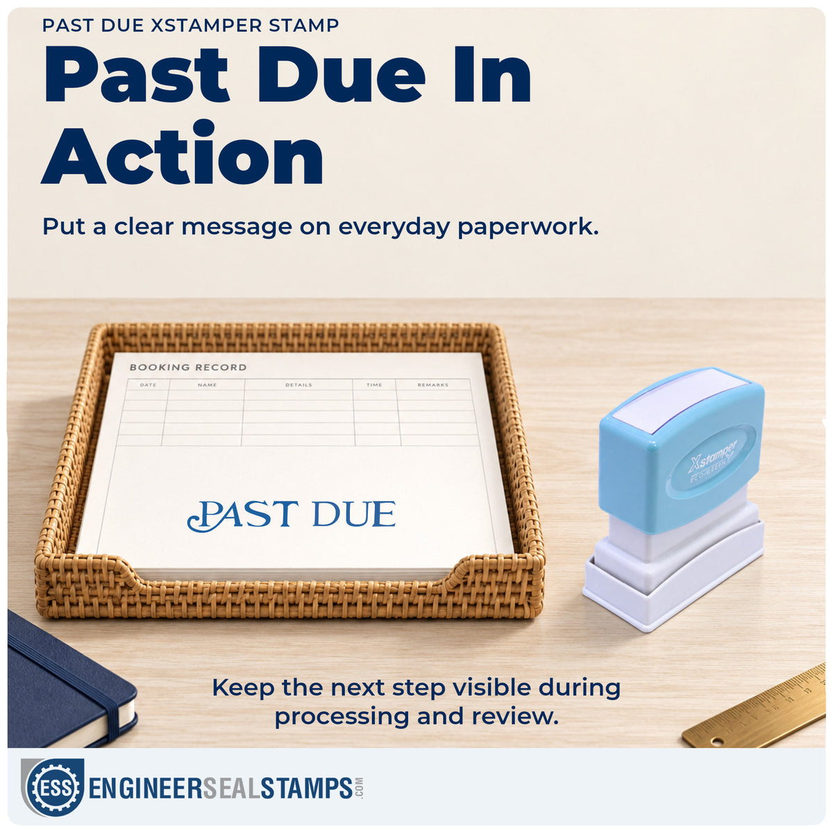 "Past due" stamp being pressed onto a document during everyday filing
