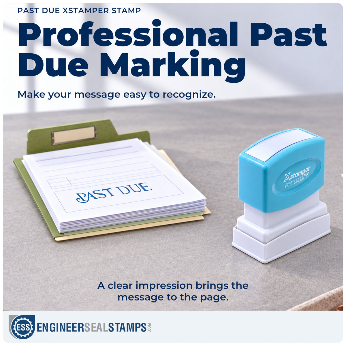 "Past due" imprint on office paperwork beside the Past Due Stamp – Pre-Inked Xstamper