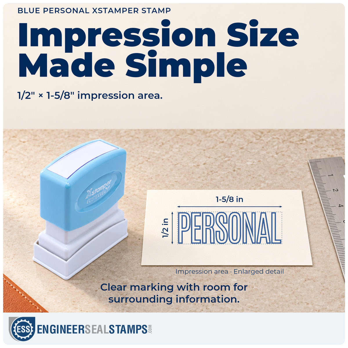 Impression size guide: the "Personal" imprint measures Approximately 1/2 in tall x 1-5/8 in wide