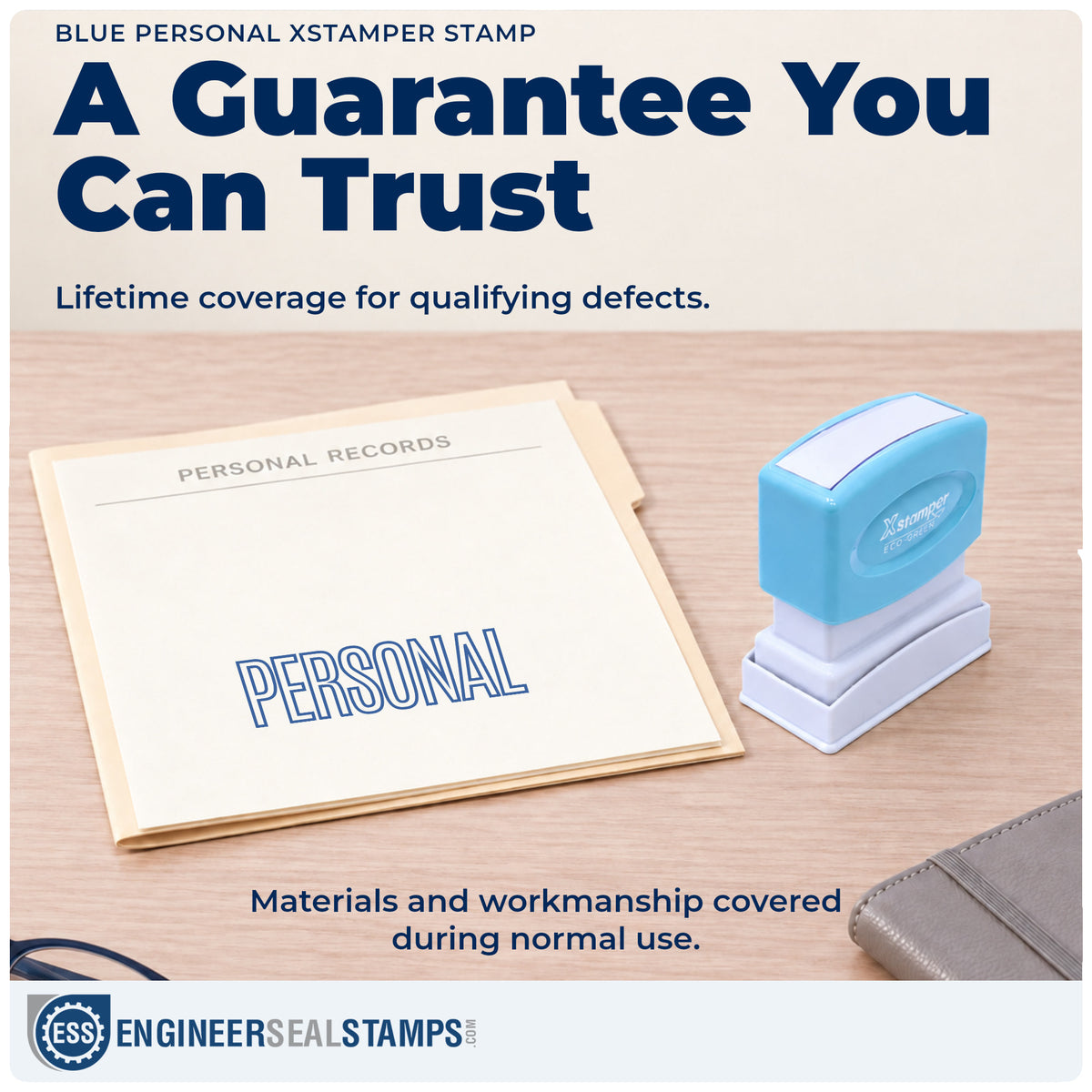Lifetime guarantee coverage on the "Personal" Xstamper pre-inked stamp