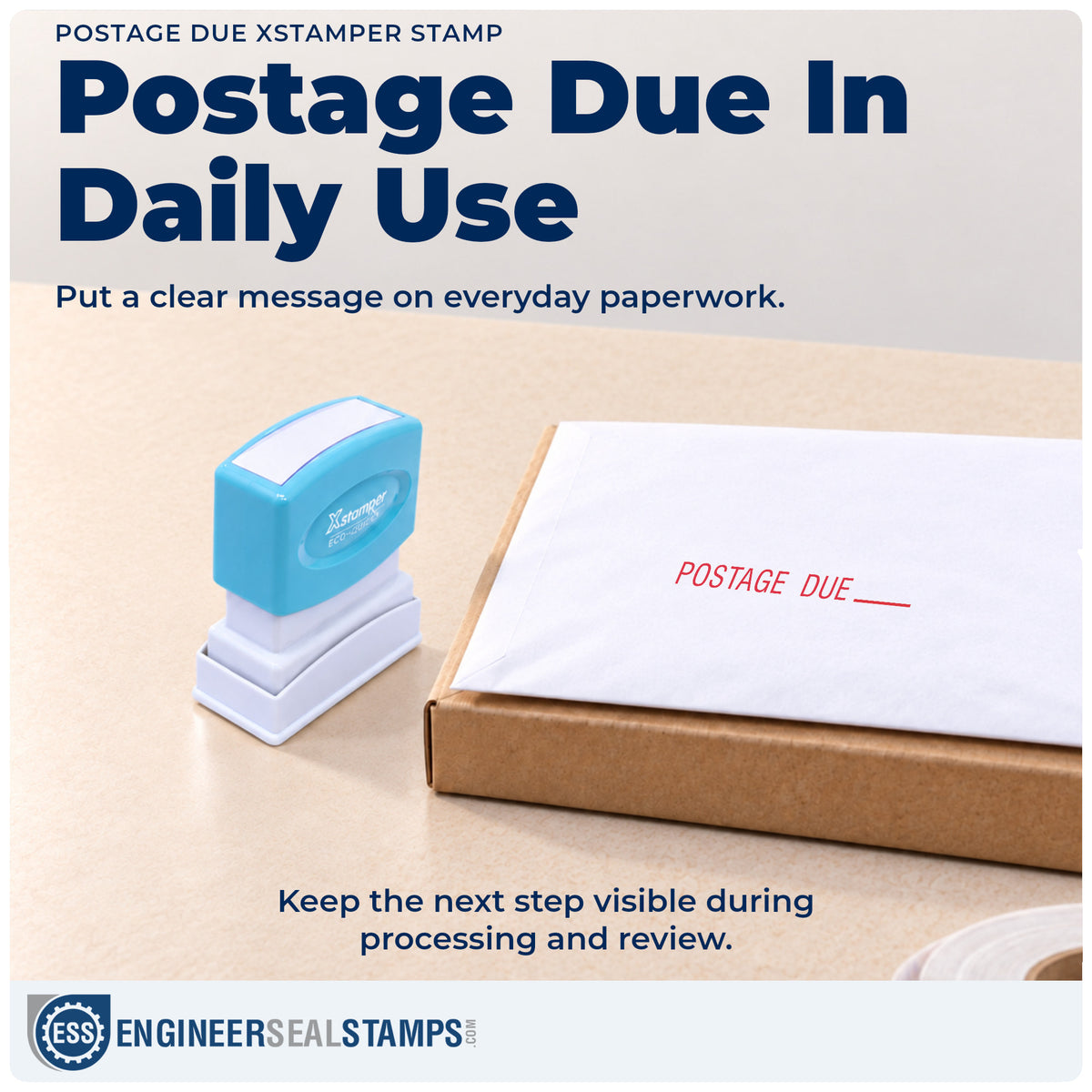 "Postage due" stamp being pressed onto a document during everyday filing