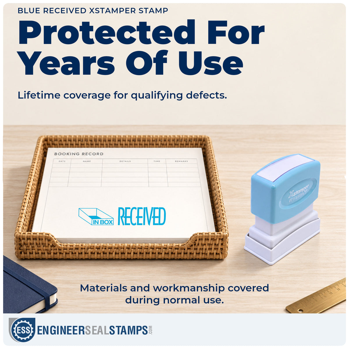 Lifetime guarantee coverage on the "Received" Xstamper pre-inked stamp