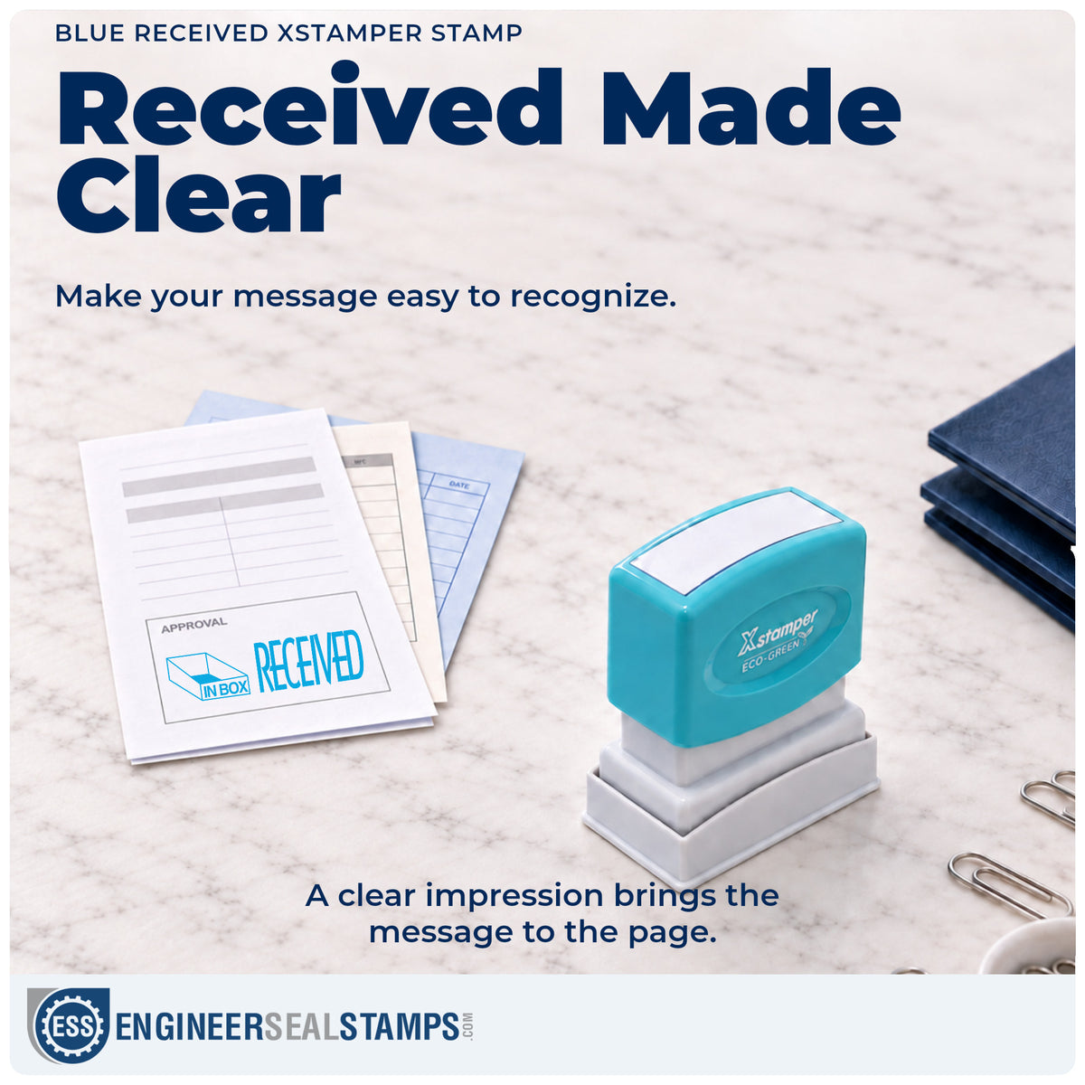 "Received" imprint on office paperwork beside the Blue Received Office Stamp – Pre-Inked Xstamper