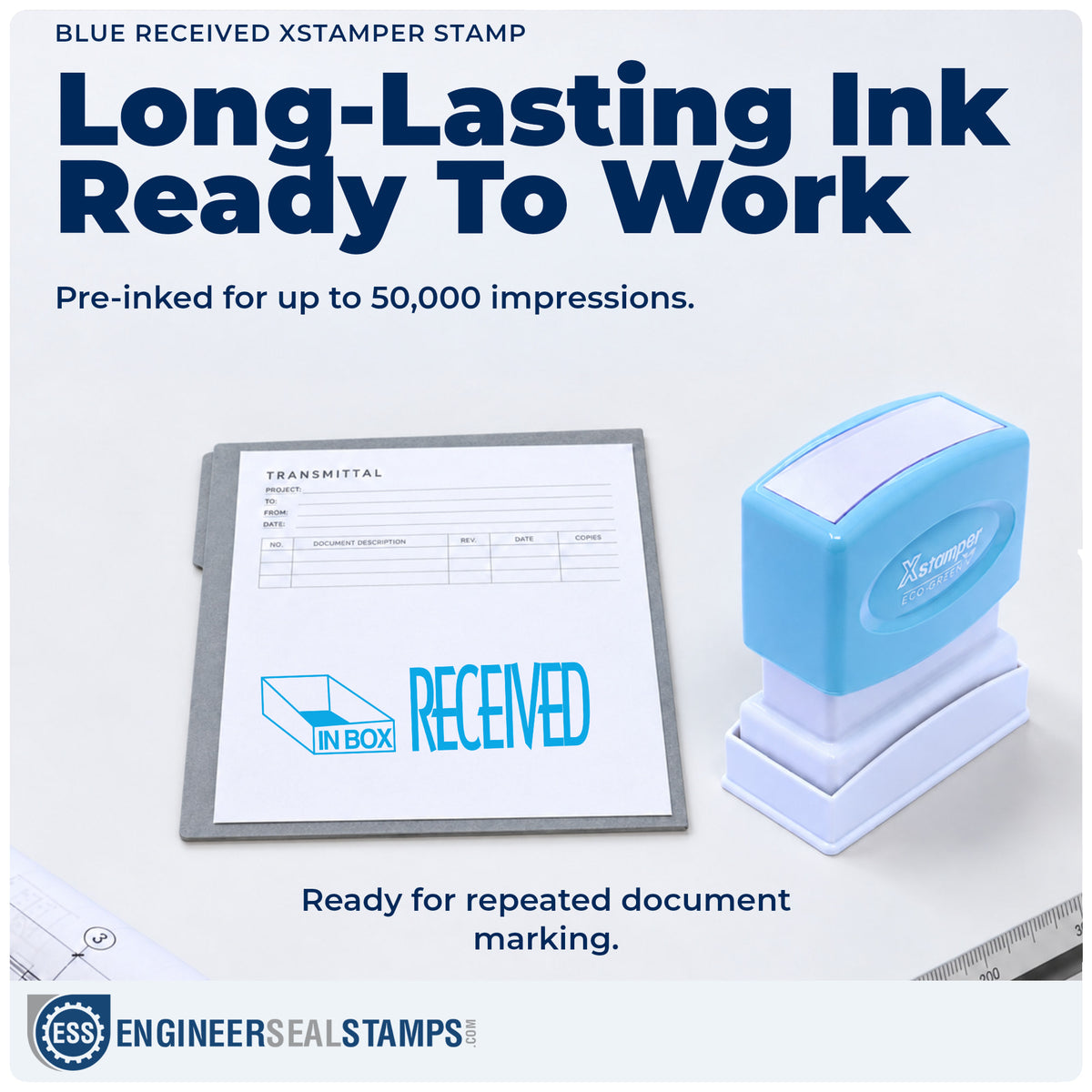 Re-inkable "Received" stamp built for thousands of repeat impressions