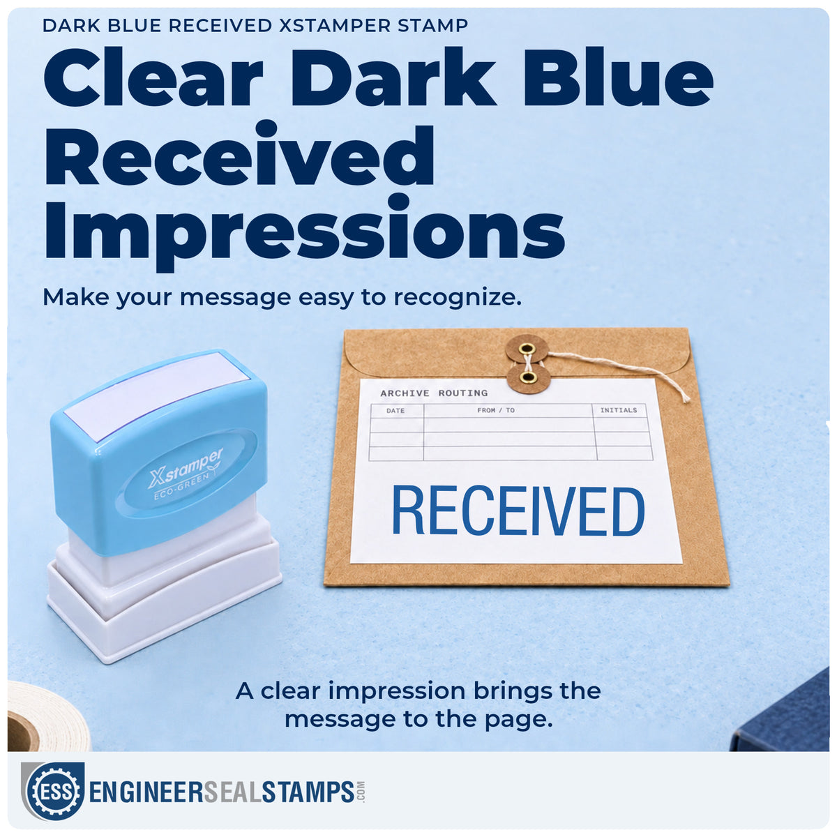 "Received" imprint on office paperwork beside the Received Stamp – Dark Blue Pre-Inked Xstamper