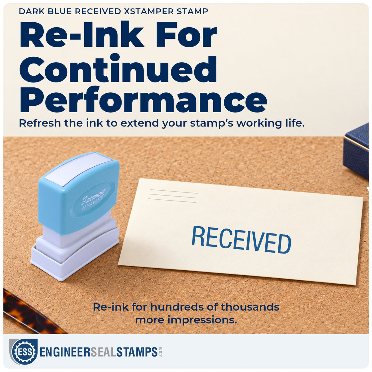 Re-inkable "Received" stamp built for thousands of repeat impressions