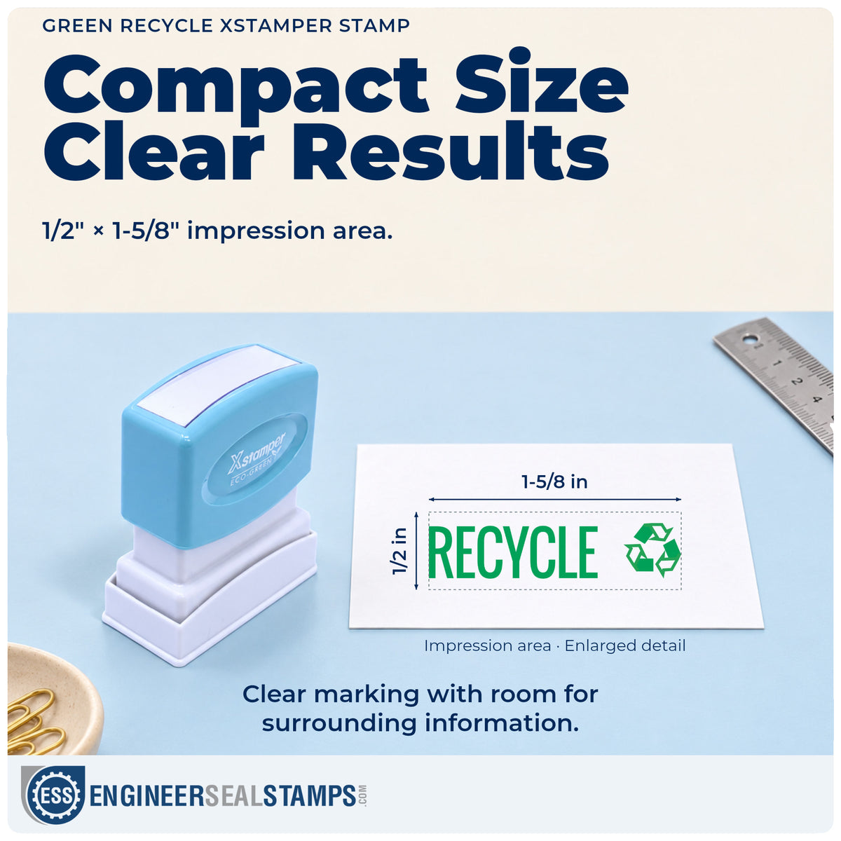 Impression size guide: the "Recycle" imprint measures 1/2 x 1-5/8 in
