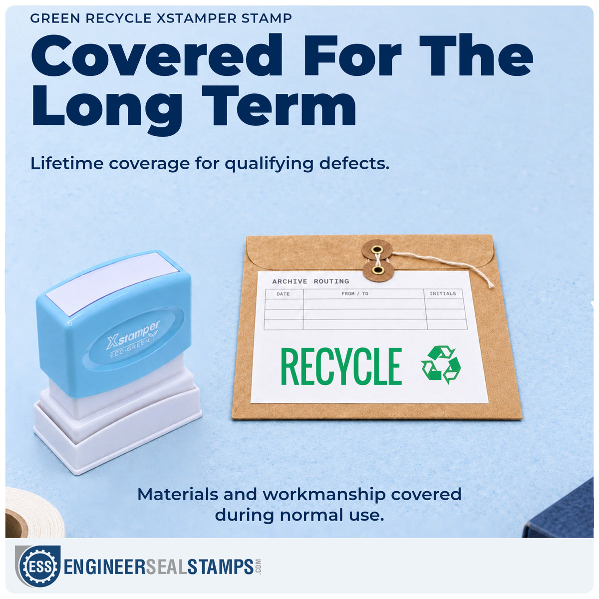 Lifetime guarantee coverage on the "Recycle" Xstamper pre-inked stamp