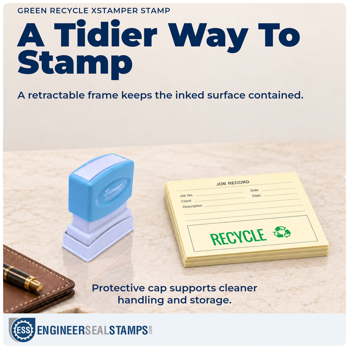 Features of the "Recycle" Xstamper No. 1364 pre-inked stamp