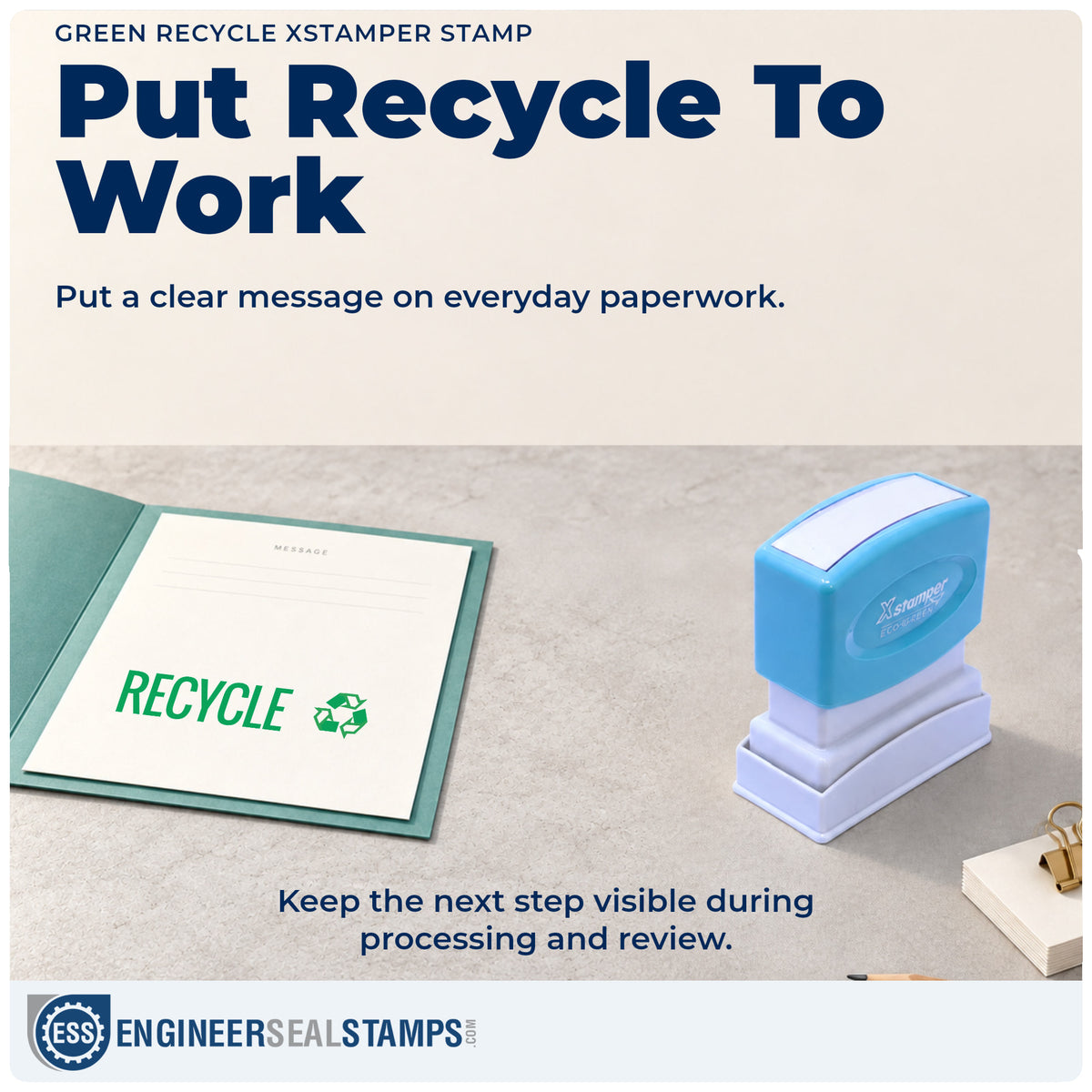 "Recycle" stamp being pressed onto a document during everyday filing