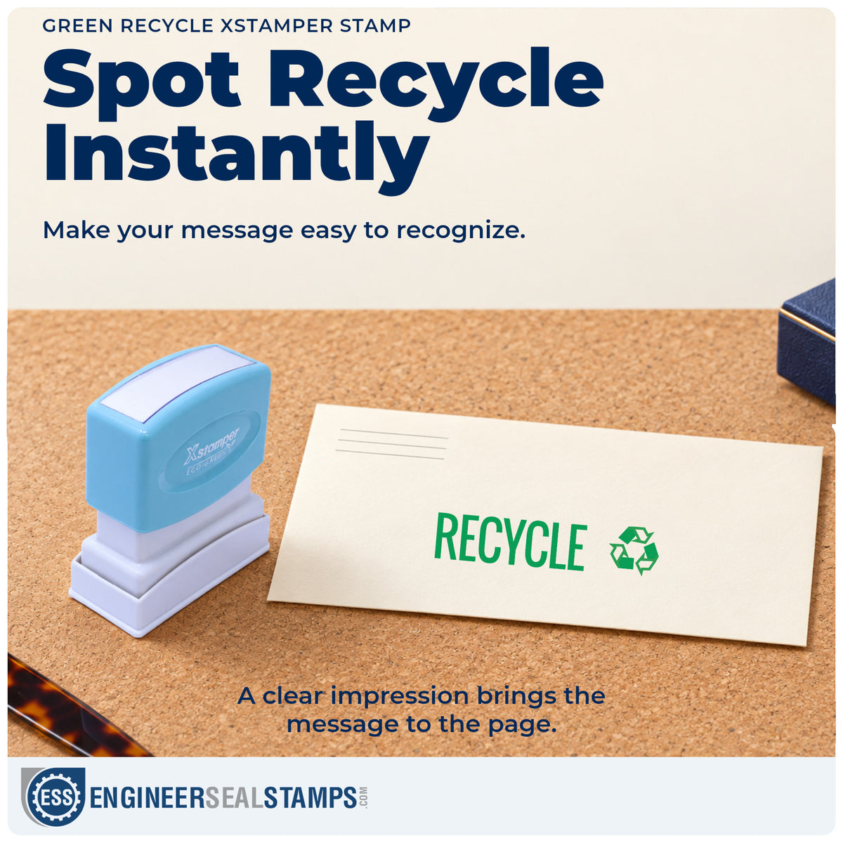 "Recycle" imprint on office paperwork beside the Recycle Stamp – Green Pre-Inked Xstamper
