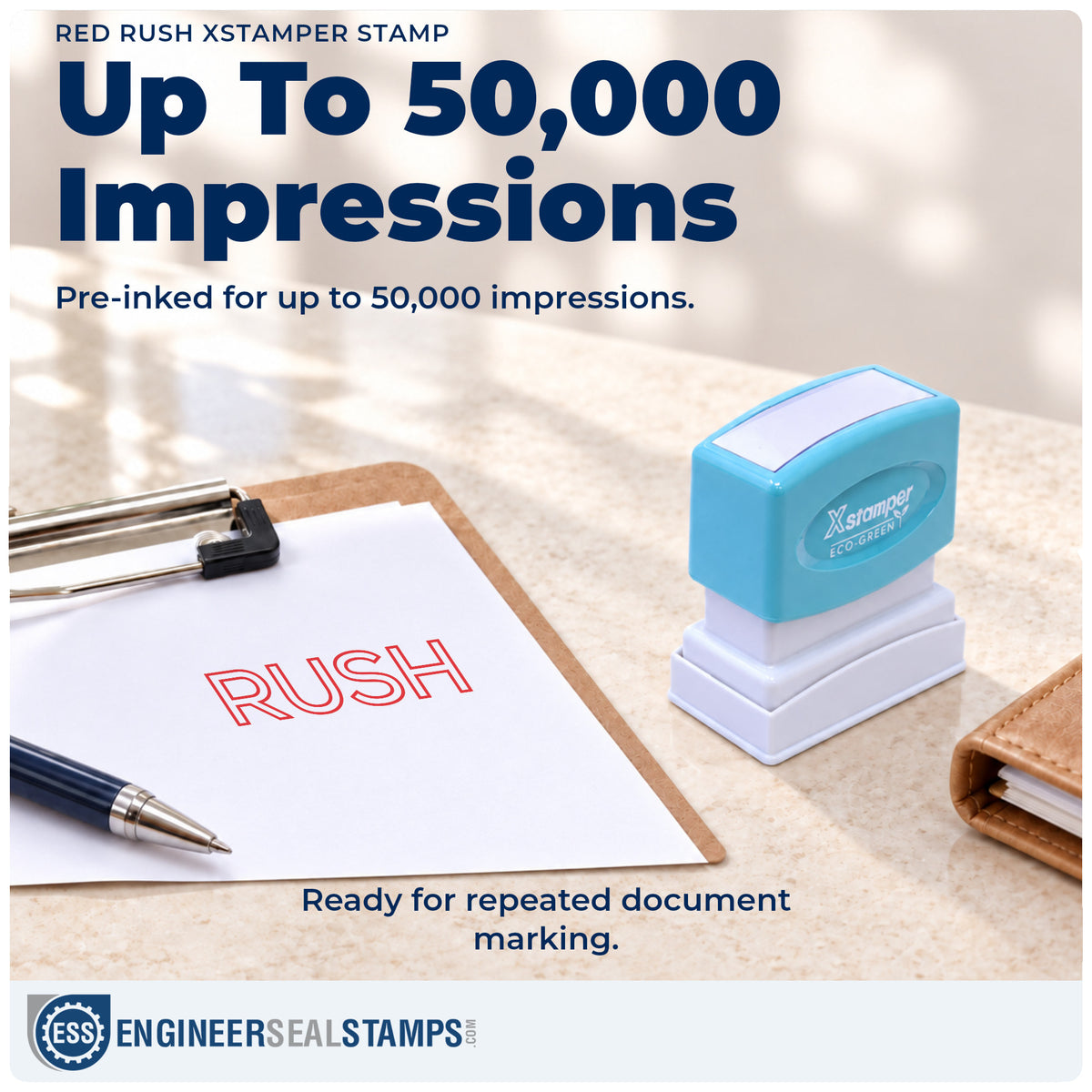 Re-inkable "Rush" stamp built for thousands of repeat impressions