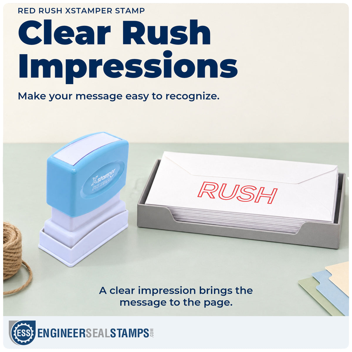 "Rush" imprint on office paperwork beside the Rush Document Stamp – Red Pre-Inked Xstamper