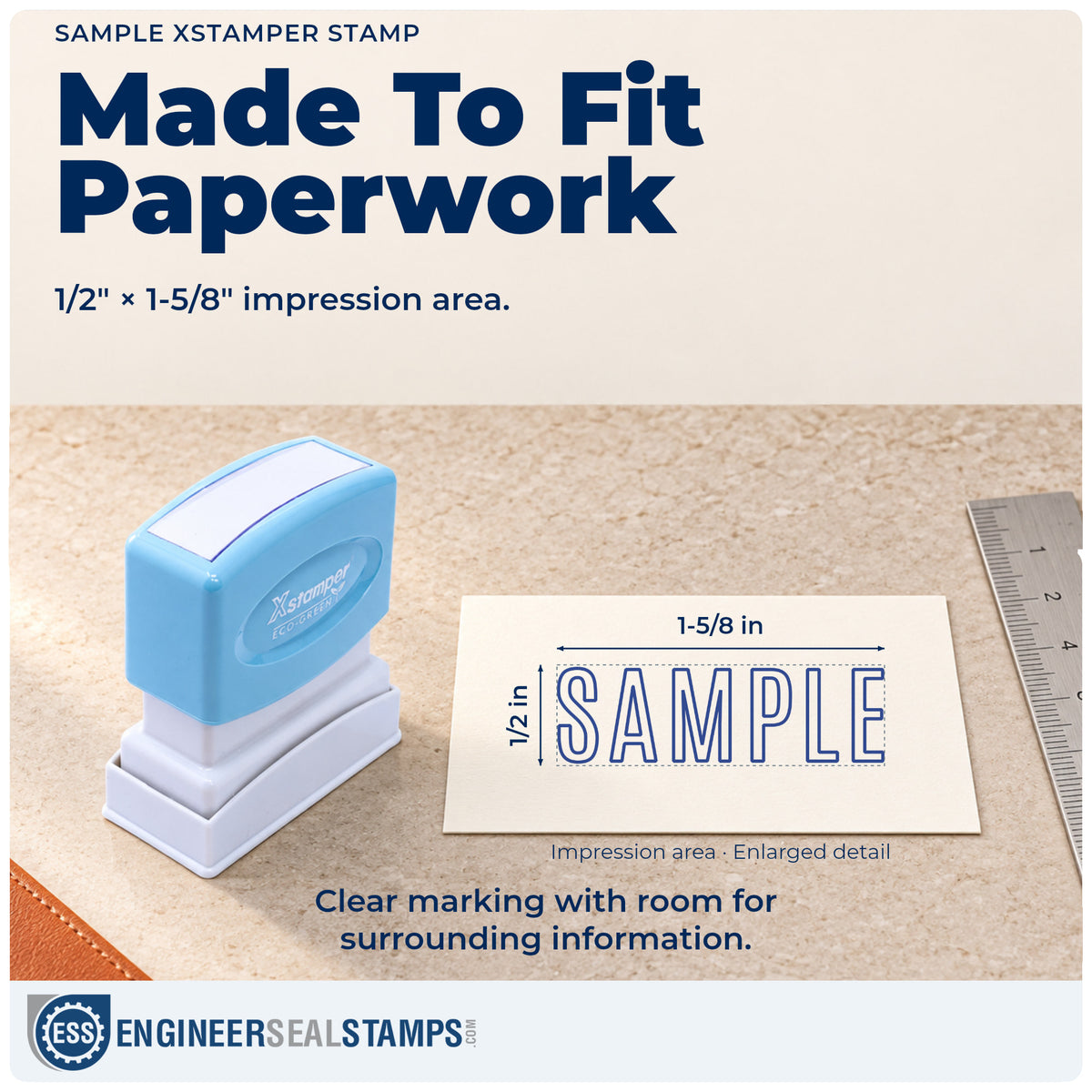 Impression size guide: the "Sample" imprint measures 1/2 x 1-5/8 in