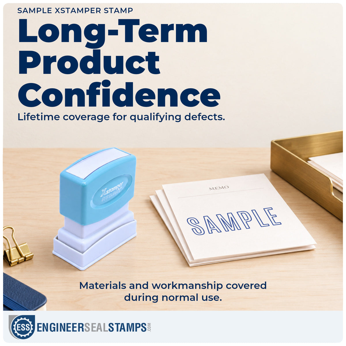 Lifetime guarantee coverage on the "Sample" Xstamper pre-inked stamp