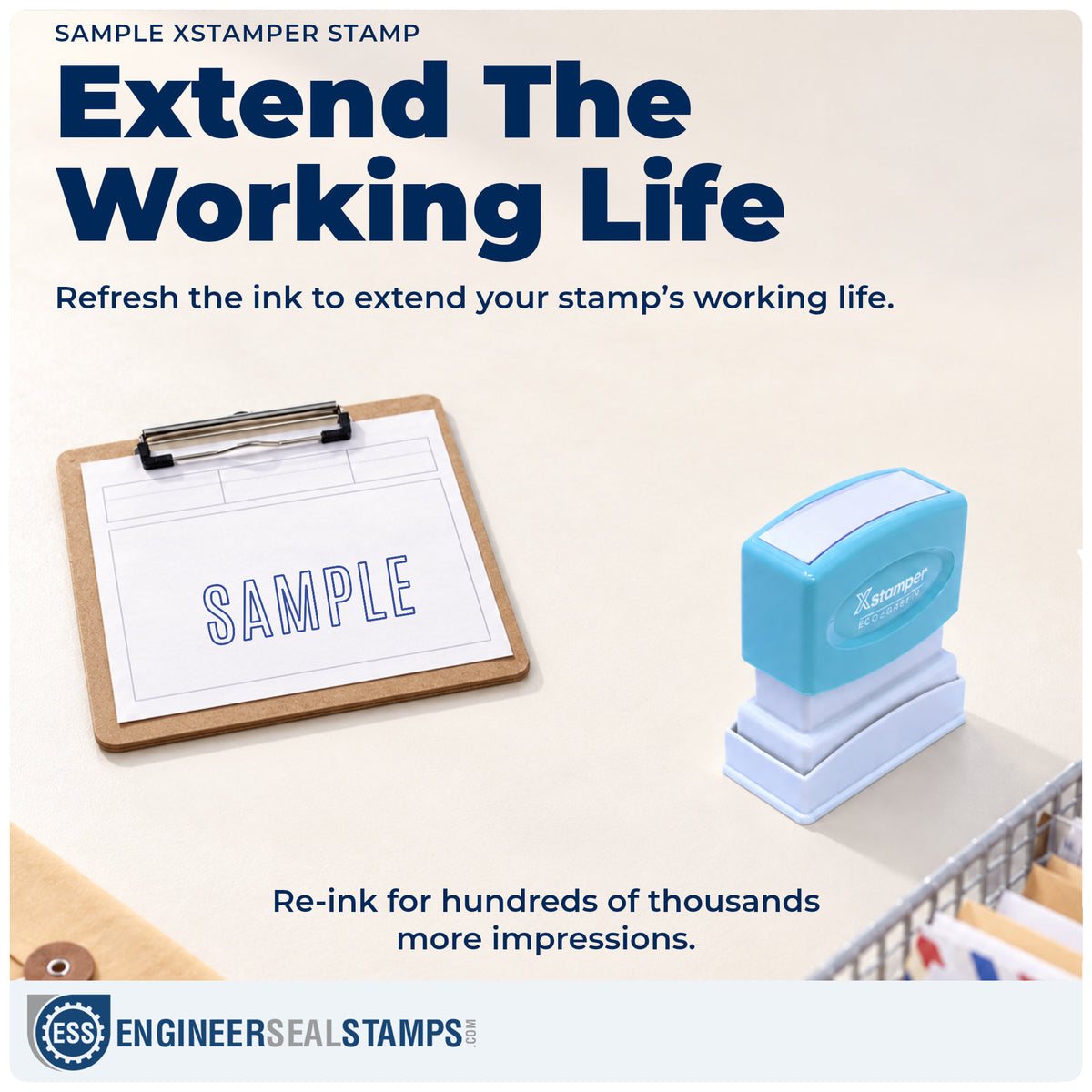 Re-inkable "Sample" stamp built for thousands of repeat impressions