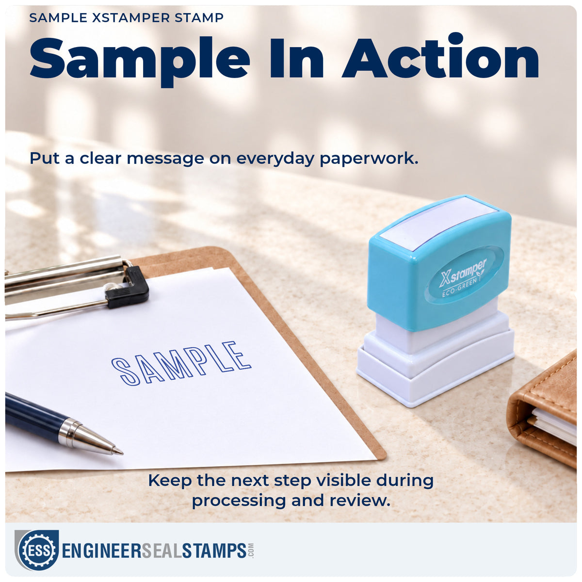 "Sample" stamp being pressed onto a document during everyday filing