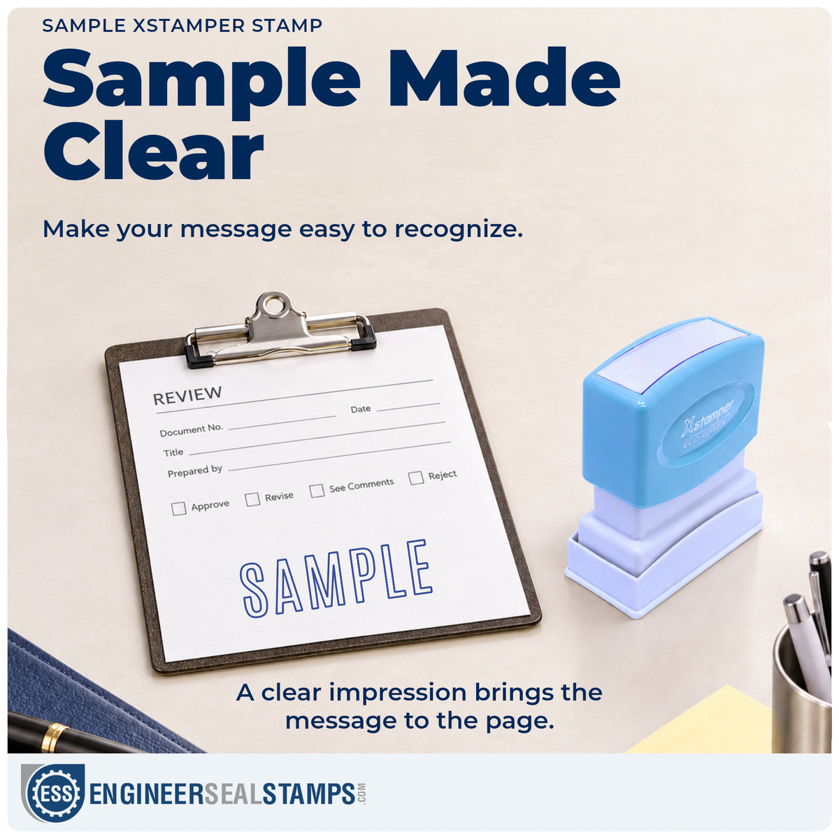 "Sample" imprint on office paperwork beside the Sample Stamp – Pre-Inked Xstamper