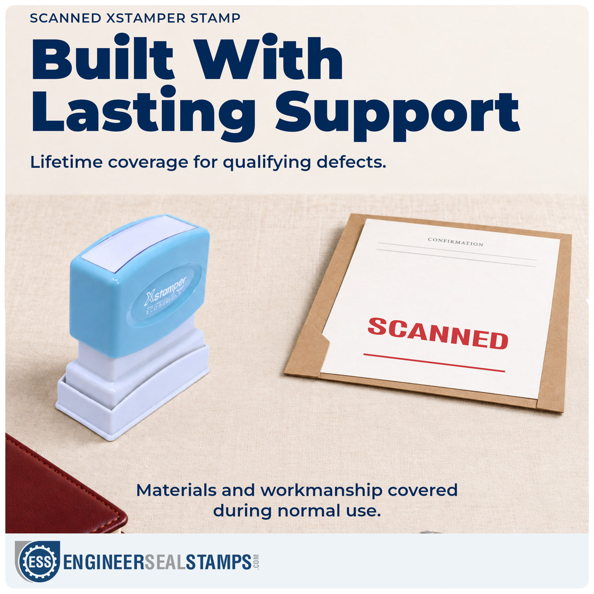 Lifetime guarantee coverage on the "Scanned" Xstamper pre-inked stamp