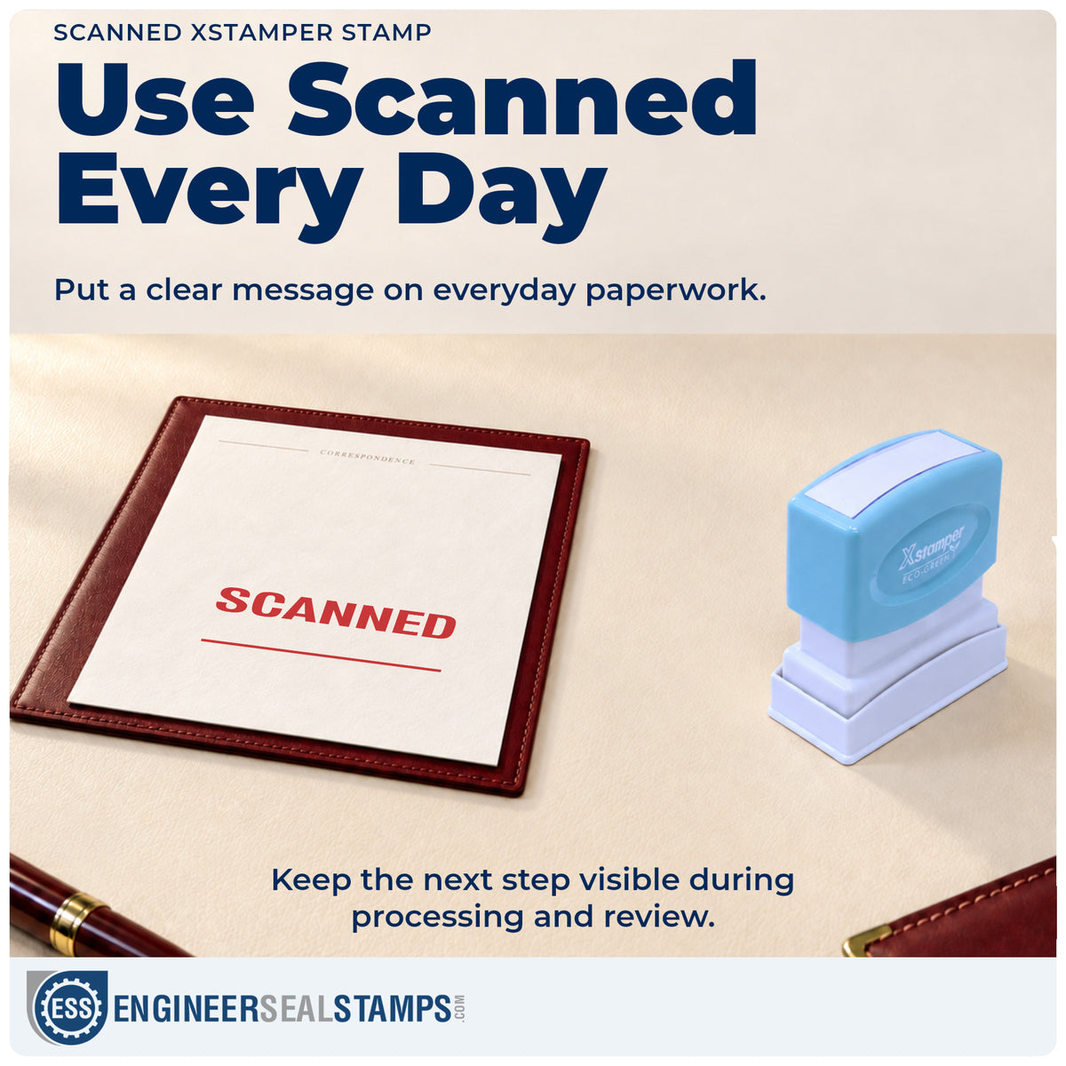 "Scanned" stamp being pressed onto a document during everyday filing