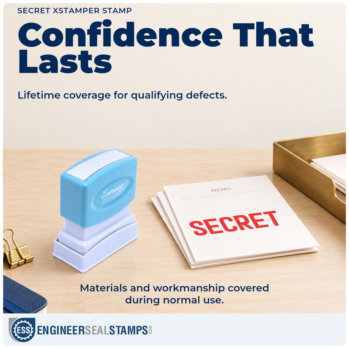 Lifetime guarantee coverage on the "Secret" Xstamper pre-inked stamp