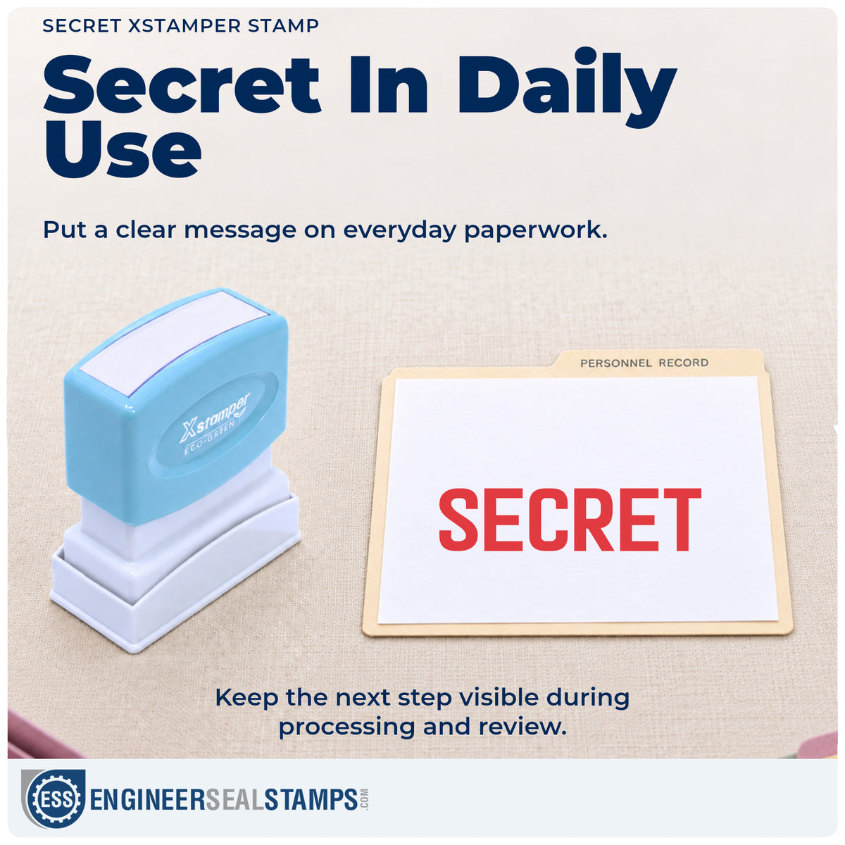 "Secret" stamp being pressed onto a document during everyday filing