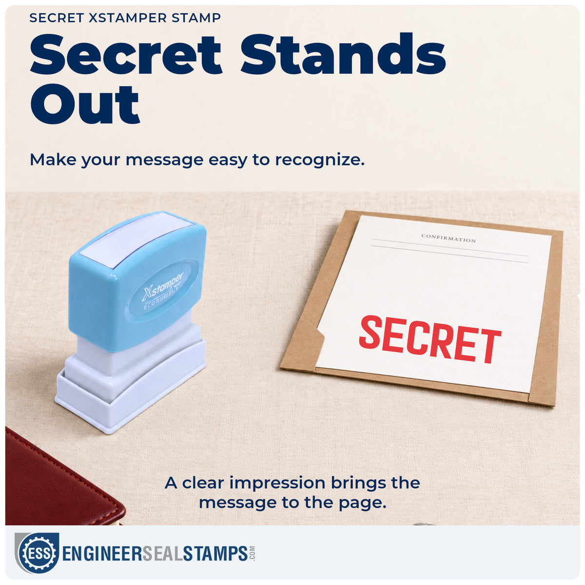 "Secret" imprint on office paperwork beside the Secret Stamp For Document Handling – Pre-Inked Xstamper
