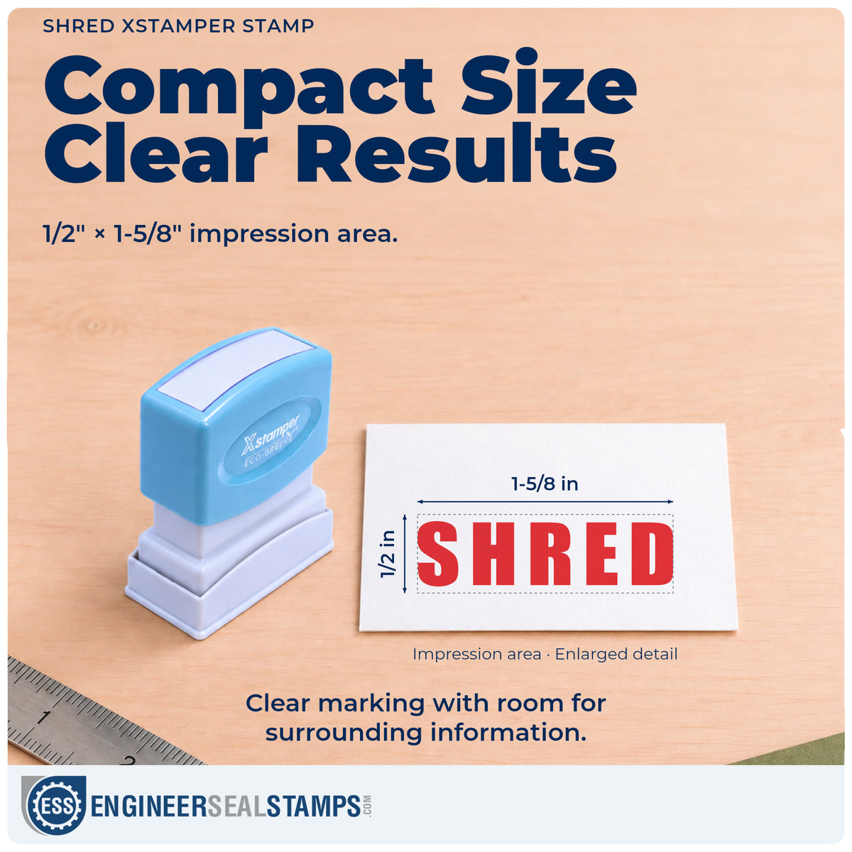 Impression size guide: the "Shred" imprint measures Approximately 1/2 in tall x 1-5/8 in wide