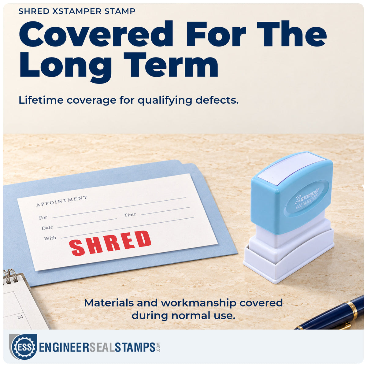Lifetime guarantee coverage on the "Shred" Xstamper pre-inked stamp