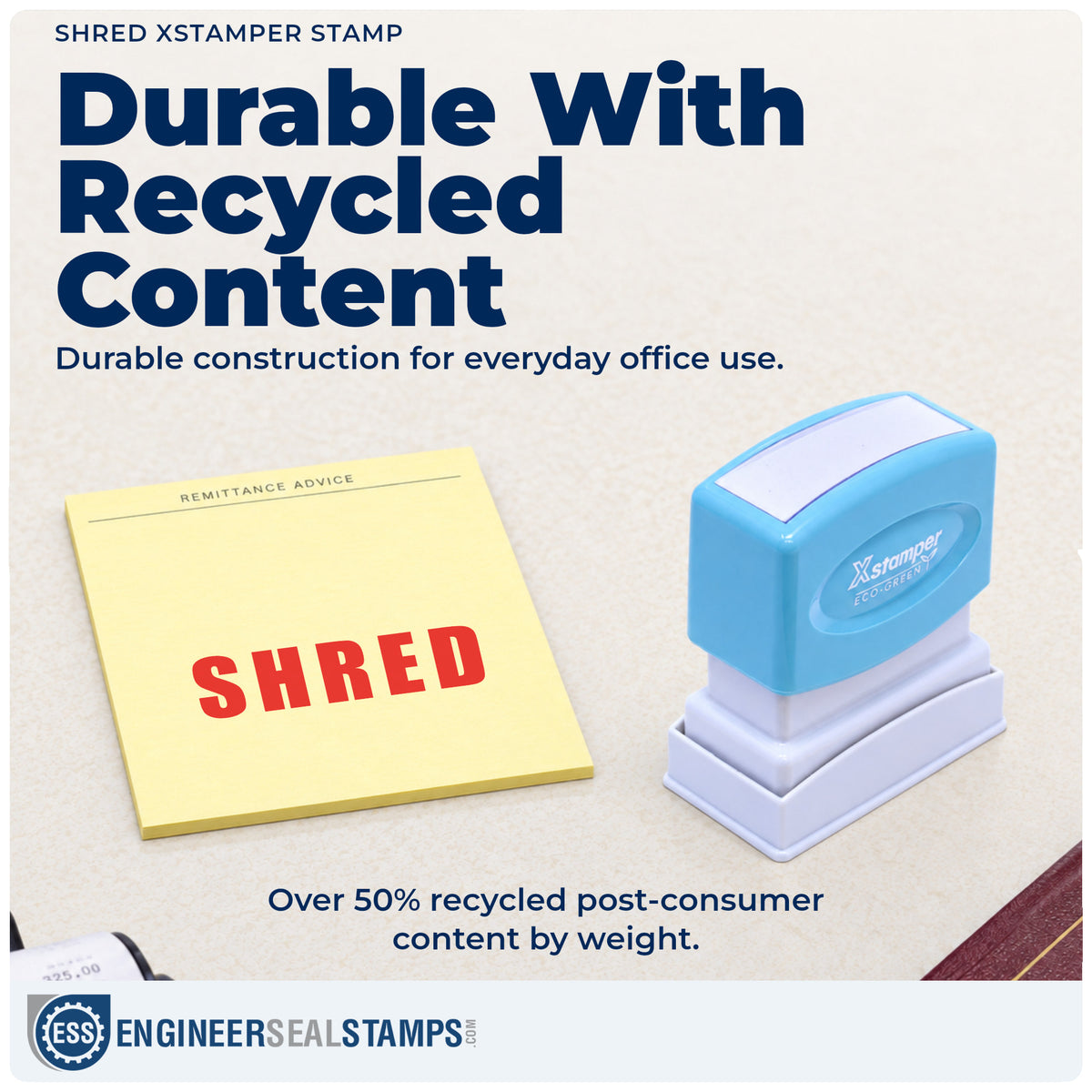 Features of the "Shred" Xstamper No. 1365 pre-inked stamp