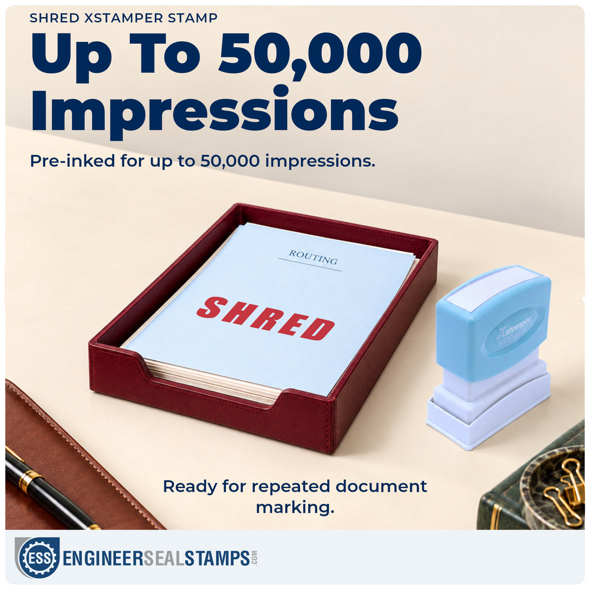 Re-inkable "Shred" stamp built for thousands of repeat impressions