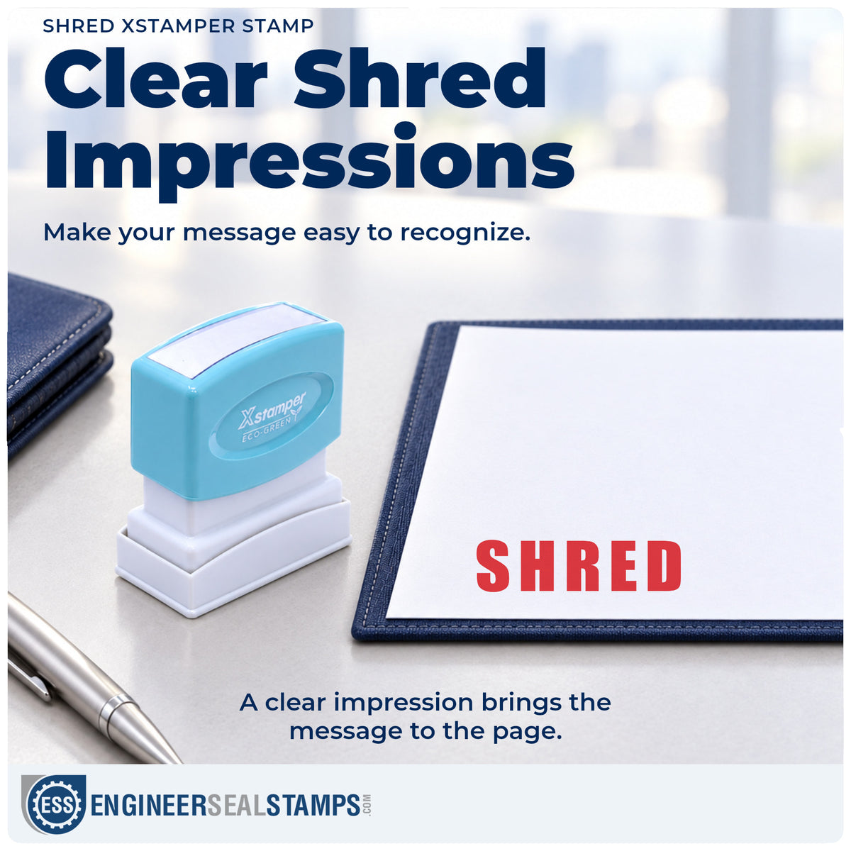 "Shred" imprint on office paperwork beside the Xstamper Shred Disposal Stamp – Pre-Inked