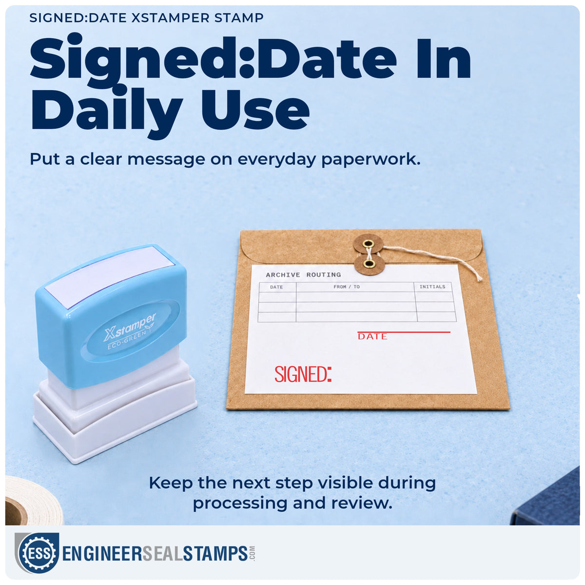 "Signed: date" stamp being pressed onto a document during everyday filing