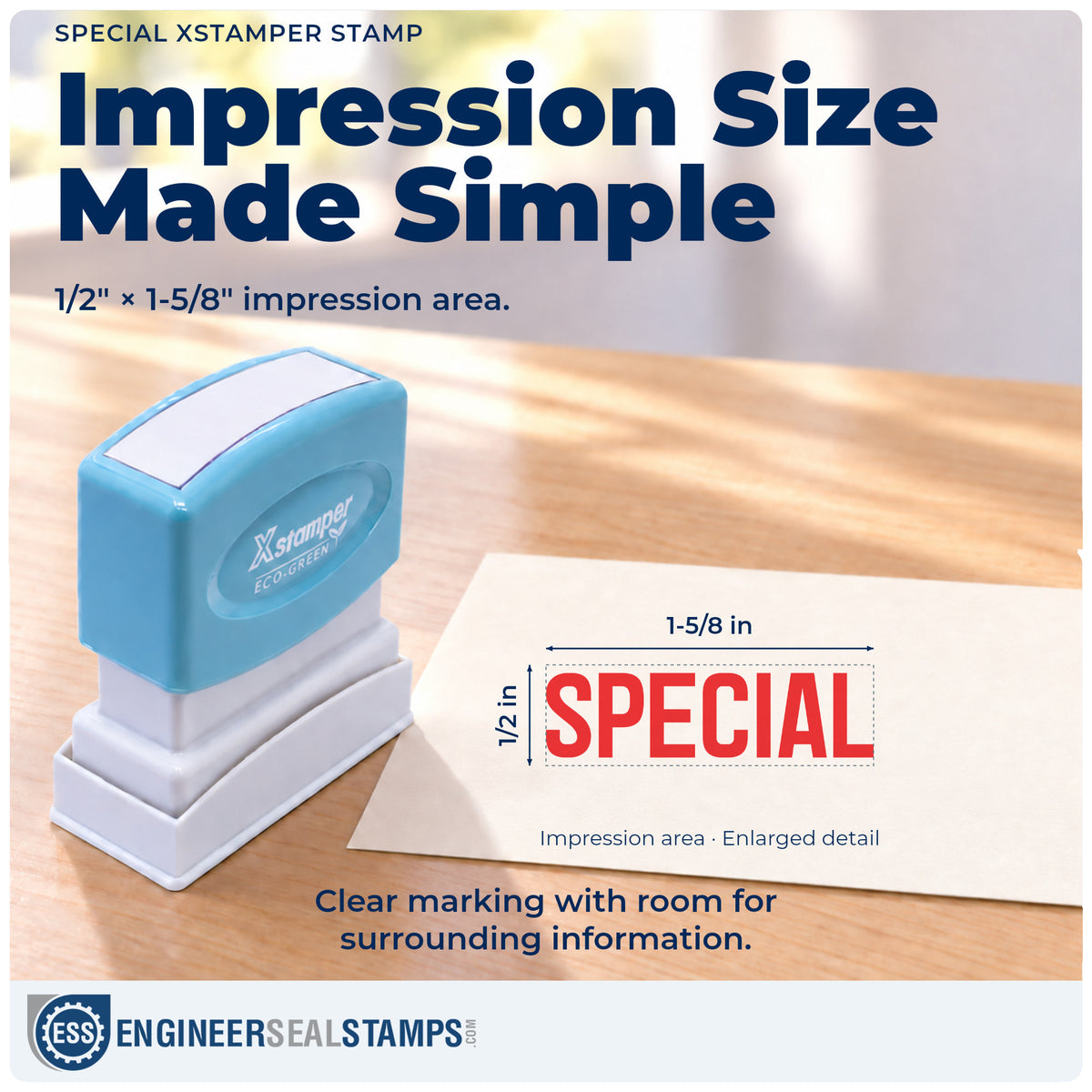 Impression size guide: the "Special" imprint measures Approximately 1/2 in tall x 1-5/8 in wide