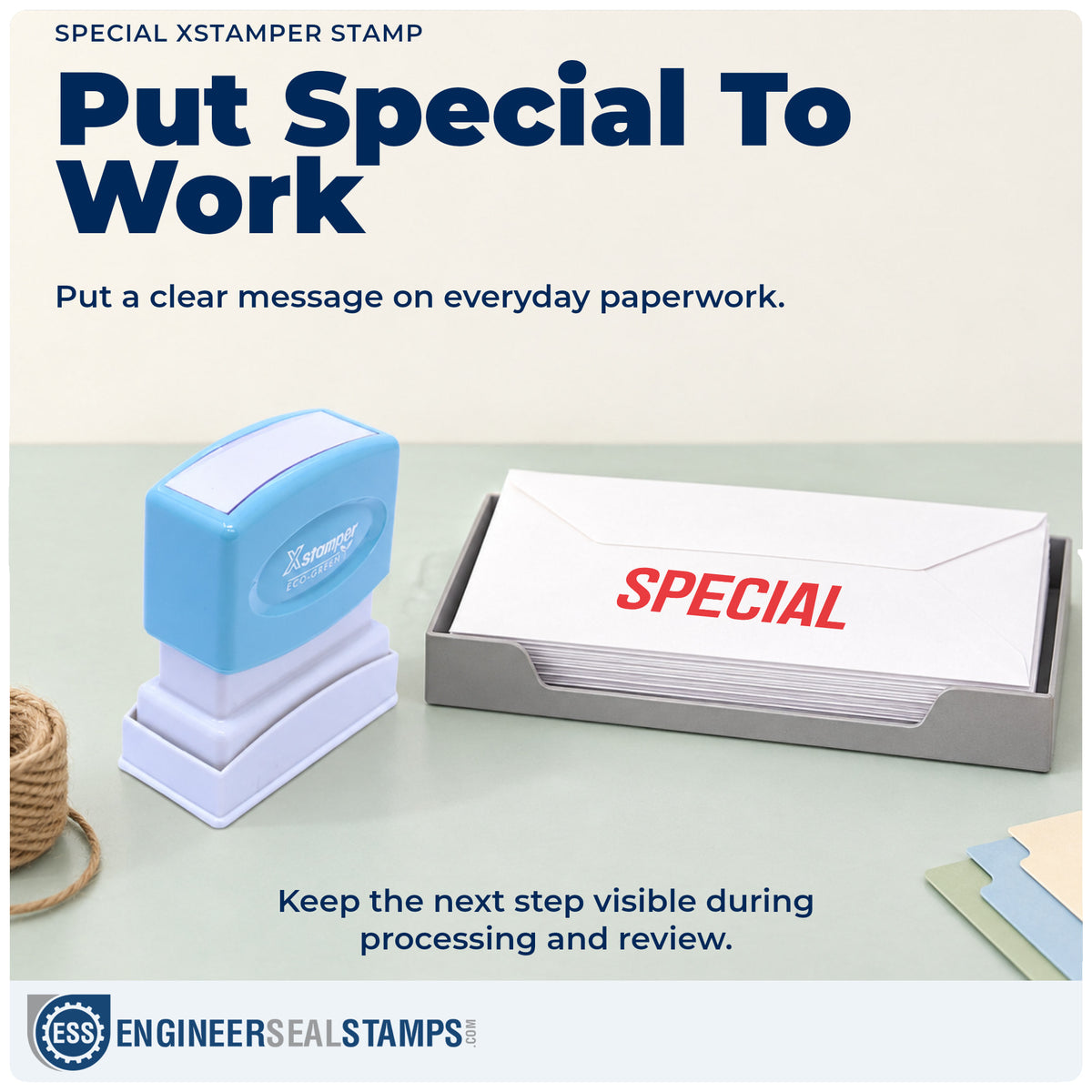 "Special" stamp being pressed onto a document during everyday filing