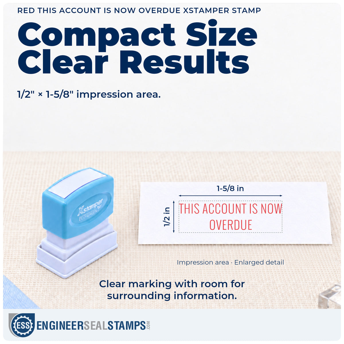 Impression size guide: the "This account is now overdue" imprint measures 1/2 x 1-5/8 in