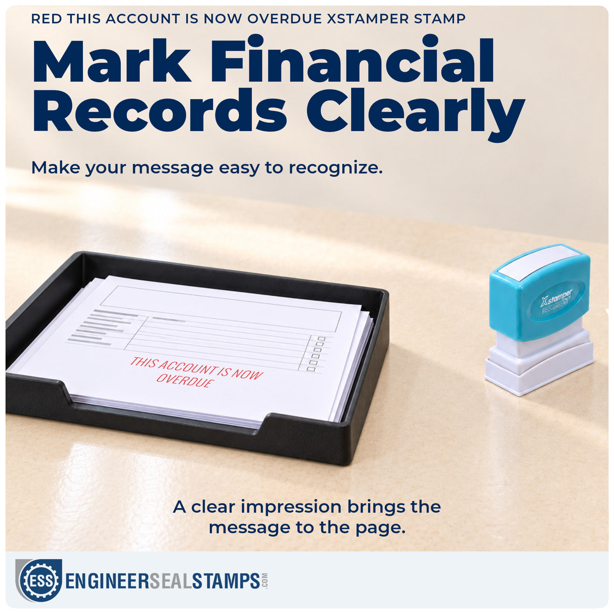 "This account is now overdue" imprint on office paperwork beside the This Account Is Now Overdue Stamp – Red Pre-Inked Xstamper