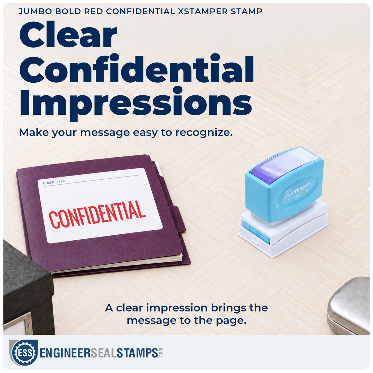 "Confidential" imprint on office paperwork beside the Confidential Document Stamp – Jumbo Bold Red Pre-Inked Xstamper